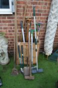 Crate of Assorted Garden Tools, Vintage Hose, Edgers, Forks, Loppers, Spades, etc.