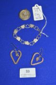 Silver Saint Christopher, Heart Bracelet, and a Pair of Heart Earrings ~24g total