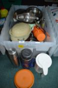Assorted Kitchenware Including Stainless Steel Bowls, Enamel Oven Roaster, etc.