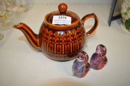 Polish Ceramic Brown Pattern Treacle Glazed Teapot and 2x Glazed Porcelain Finish Salt & Pepper