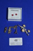 Silver Brooch, Charms, and a Pair of Earstuds ~9g total