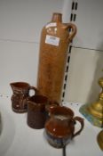 Antique German Salt Glazed Stoneware Mineral Water Bottle, and Glazed Brown Jugs
