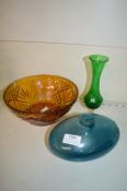 Amber Glass Bowl, Green Glass Vase, and a Pebble Glass Vase