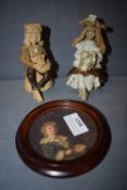 2x Vintage Ornaments of a Boy and a Girl, and a Small Round Framed Picture