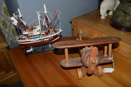 Wooden Toy Biplane and Fishing Boat