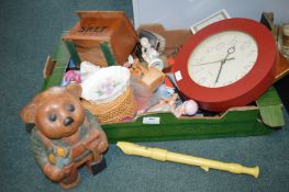 Box of Assorted Household Items, Clocks, Wooden Bear, Recorder, etc.