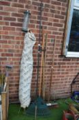Assorted Garden Rakes, Sweeping Brush, Parasol, and Bird Feeder