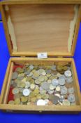 Wooden Box Containing Vintage British and Foreign Coinage