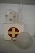 Assorted Glass Oil Lamp Shades, and a First Aid Box