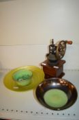 Vintage Coffee Grinder and a Selection of Decorative Glass Bowls