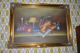 Oil on Canvas Still Life Violin & Music Box by R. Mark