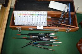 Wooden Box Containing Artists Paintbrushes and Watercolours Paints