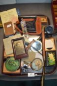 Tray Lot of Vintage Collectibles, Framed Photographs, Autograph Album, Corkscrew, etc.
