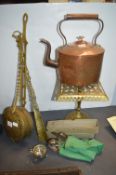 Brass Chestnut Roaster, Kettle Stand, and a Copper Kettle