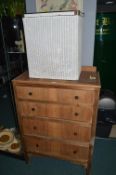 Four Drawer Stripped Mahogany Chest plus Wicker Laundry Basket