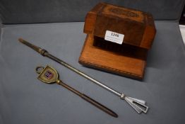 Wooden Musical Cigarette Box (AF), Hull Three Crown Decorative Fire Poker, plus One Other