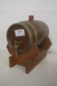 Antique Miniature Oak Coppered Barrell Music Box with Brass Tap on Wooden Stand