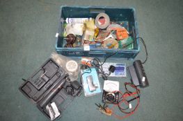 Box of Assorted Tools, Multimeter, Surge Protector, Drill Bits, Electric Screwdriver, etc.