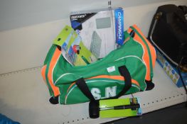 Large Green & Orange Camping Bag Containing New Collapsible Water Carriers, Peg Extractor, etc.