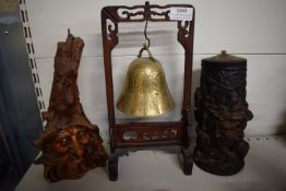 Vintage Chinese Brass Temple Bell on Carved Wooden Stand, and 2x Carved Candles