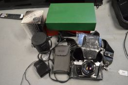 Yashica 35mm Film Camera plus Toya Tele Auto 135mm 1:2.8 Lens and Assorted Slides and Accessories