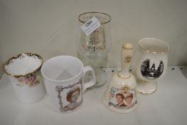 Royal Commemorative Pieces Including Glass Bell, Cups, etc.