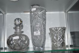 2x Cut Glass Crystal Vases, and a Decanter