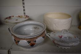 Selection of Pottery Pieces Including Cake Stand, Serving Dish, and Two Plant Pots