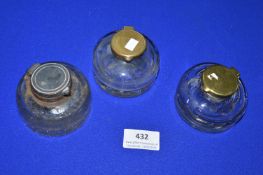 3x Victorian Glass & Brass Inkwells