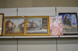 2x Gilt Framed Oils on Canvases of Parisian Street Scenes Signed Pierri, and 2x Prints