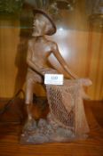 Ethnic Carved Wooden Figure of a Fisherman (AF)