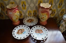3x Victorian Ribbon Plates, and a Pair of Vases