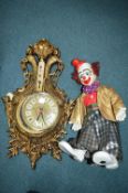 Retro Gilt Wall Clock (AF), plus Clown Ornament