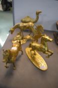 5x Decorative Brass Ornaments Including Horses, Camels, etc.