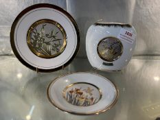3x Japanese Chokin Art 24ct Gold Inlaid Pottery Items Including 1x Vase and 2x Plates
