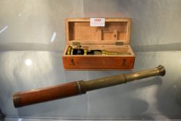 Vintage Brass Field Microscope in Wooden Case, and a Brass & Mahogany Handheld Telescope