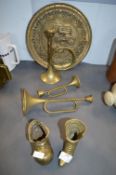 Brass Ornaments Including Trumpet Candlesticks, Boots, etc.