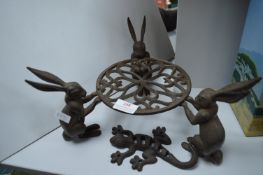 Cast Metal Stand with 3x Hares, plus a Lizard