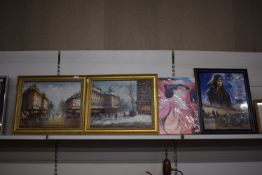 2x Gilt Framed Oils on Canvases of Parisian Street Scenes Signed Pierri, and 2x Prints