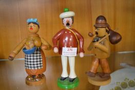 3x Hand Painted Wooden Folk Art Smoking Doll/Pastille Burners
