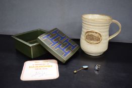 Hammonds of Hull Collectibles Including Hornsea Pottery Trinket Box, Mug, and Pins