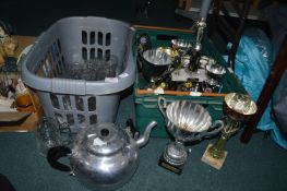 Pint Glasses, Oversized Teapot, and Sporting Trophies