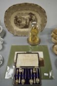 Large Victorian Meat Plate, Skeleton Clock, Photographs, and a Teaspoon Set