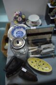 Pottery Dishes, Flowers, Cutlery Canteen, and Flat Irons, etc.