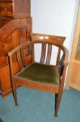 Edwardian Inlaid Mahogany Armchair with Velvet Upholstery