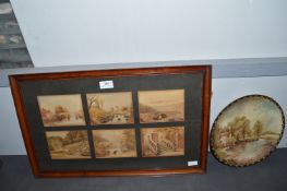 Framed Set of Six Watercolours of Haddon Hall and Environs, plus Hand Painted Plate