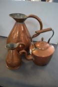 2x Copper Measuring Jugs and a Copper Kettle