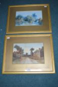 Pair of Gilt Framed Victorian Village Scene Watercolours: One Signed B.B. Slack 1905
