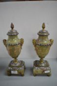 Pair of Marble & Cloisonne Urns