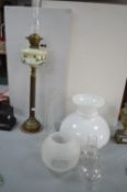 Victorian Oil Lamp with Hand Painted Glass Reservoir on Brass Stand with Various Chimneys and